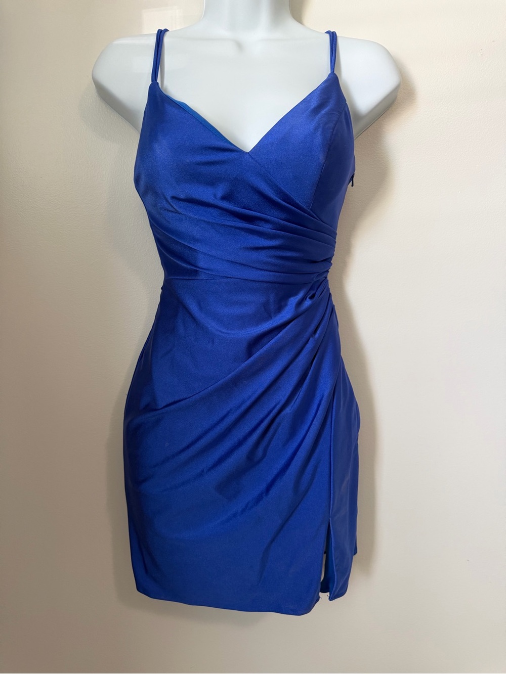 Blue Satin Wrap-Style Spaghetti Strap Homecoming Dress